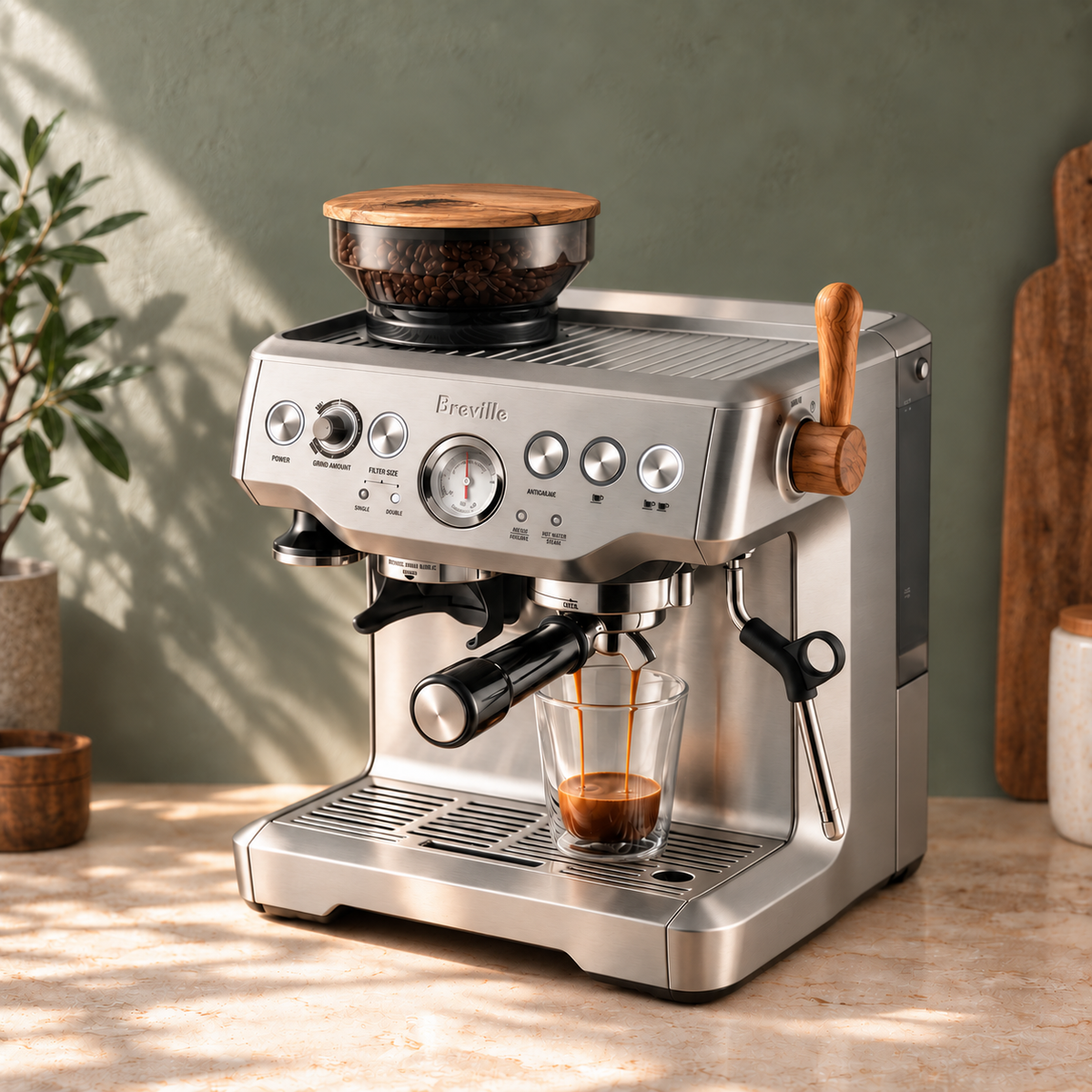 KVERO wood upgrade bundle with hopper lid and steam lever for Breville/Sage machines, olive