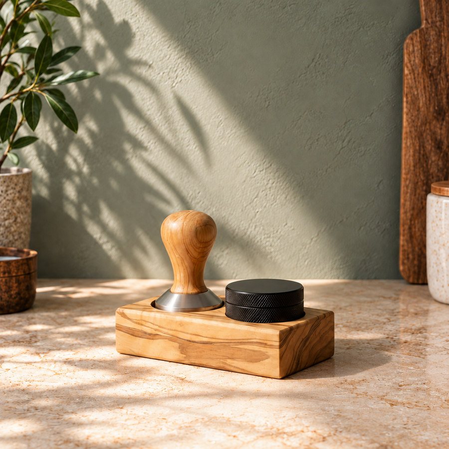 Handcrafted Wood Tamping Station — Dual-Slot Tamper & Distributor Stand